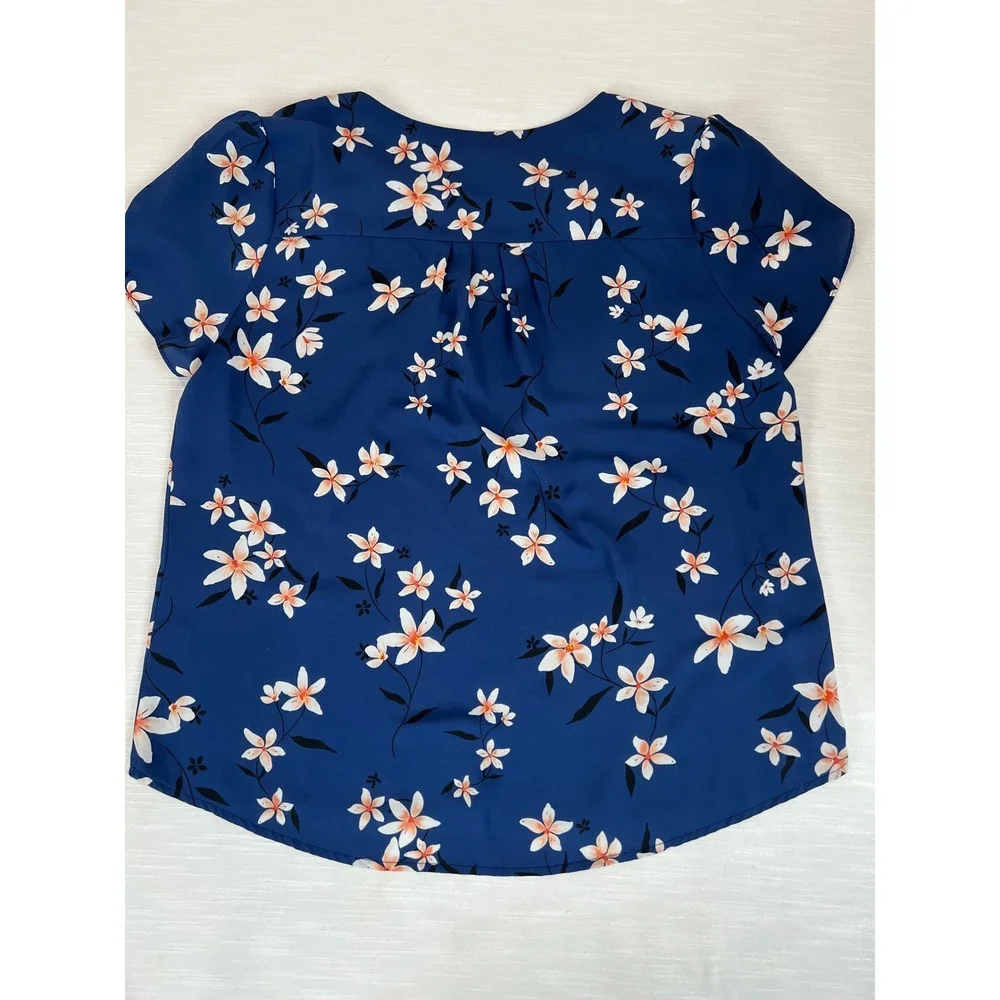 41 Hawthorn Blue Floral Keyhole Pleated Blouse Short Tulip Sleeve Top Large - Picture 9 of 12